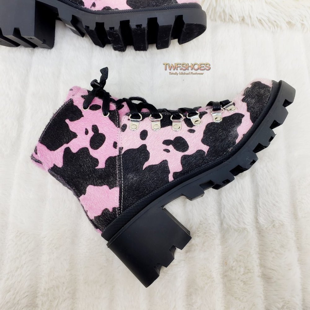 Baby Pink Faux Fur Cow Print Lug Sole Emo Ankle boots - Picture 7 of 14